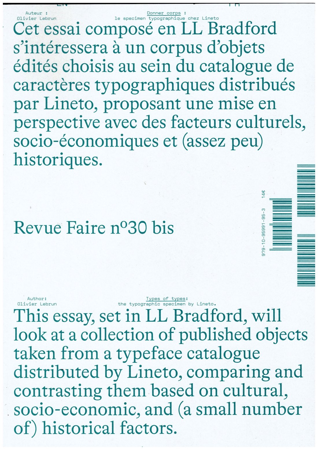 LEBRUN, Olivier - Revue Faire – To look at things #30 bis – Donner corps : le specimen typographique chez Lineto / Types of types: the typographic specimen by Lineto