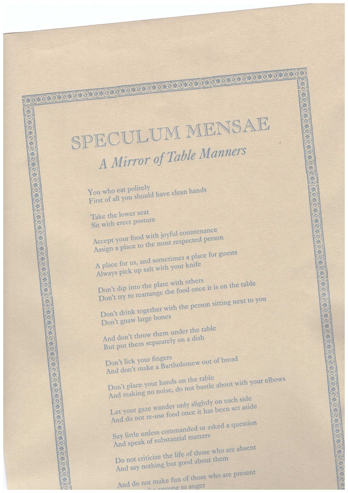 Speculum Mensae (Broadside)
