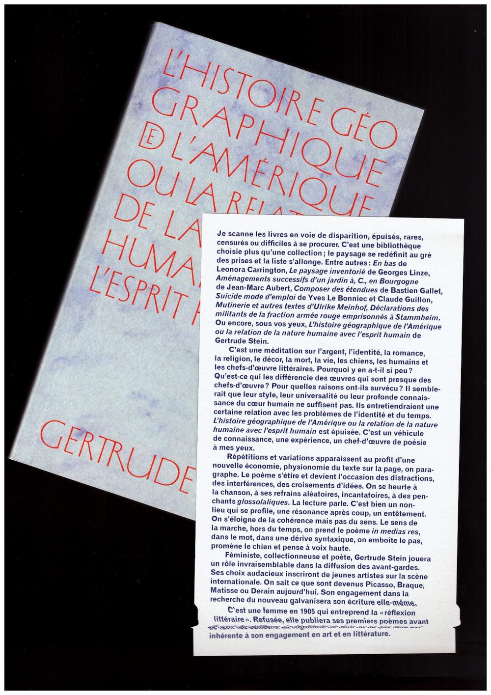 Un fac-similé de L’Histoire géographique de l’Amérique, ou la relation de la nature humaine avec l’esprit humain de Gertrude Stein