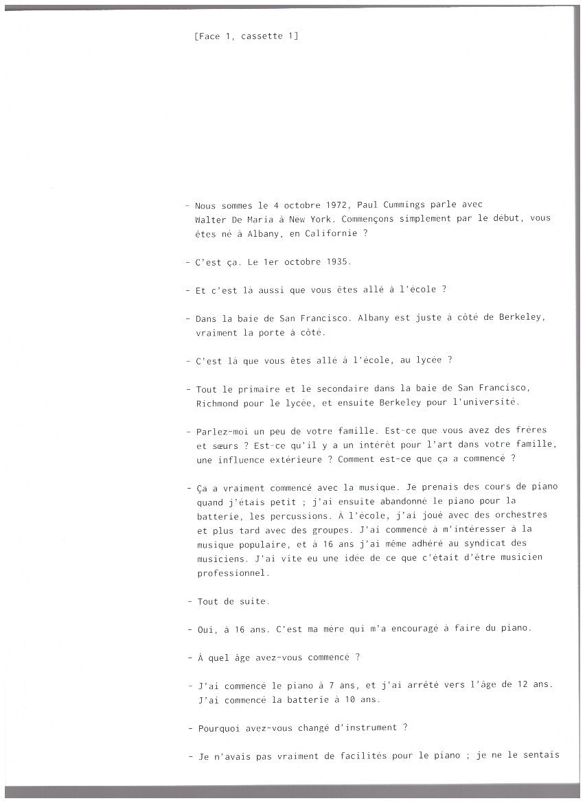 Walter de Maria. Entretien avec / Interview with Paul Cummings